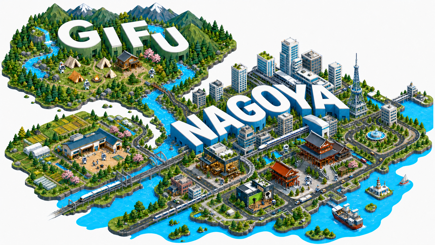 GIFUとNAGOYAの文字が地形と一体化した、めちゃうるの各事業を表す街のイラスト